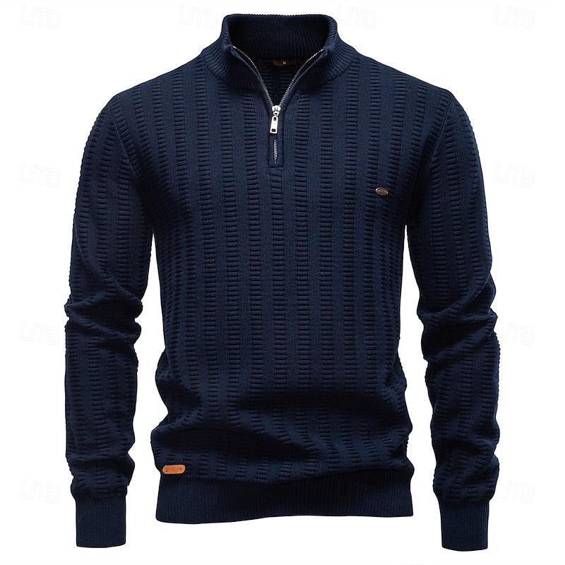 Half-Zip Knit Sweater Men's Textured Mock Neck Pullover Green – Casual, Office, Gift