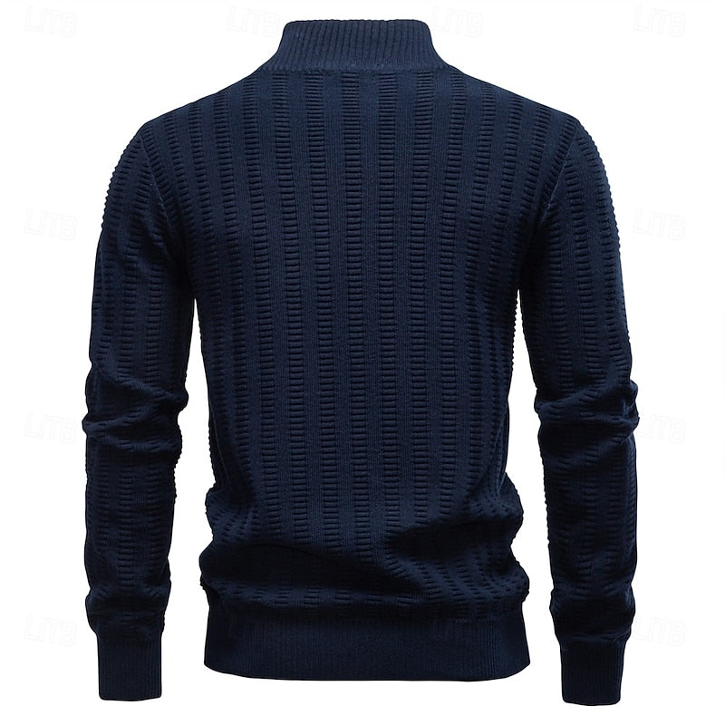 Half-Zip Knit Sweater Men's Textured Mock Neck Pullover Green – Casual, Office, Gift