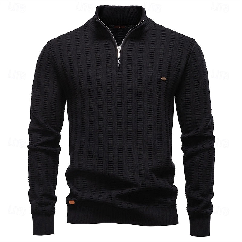 Half-Zip Knit Sweater Men's Textured Mock Neck Pullover Green – Casual, Office, Gift