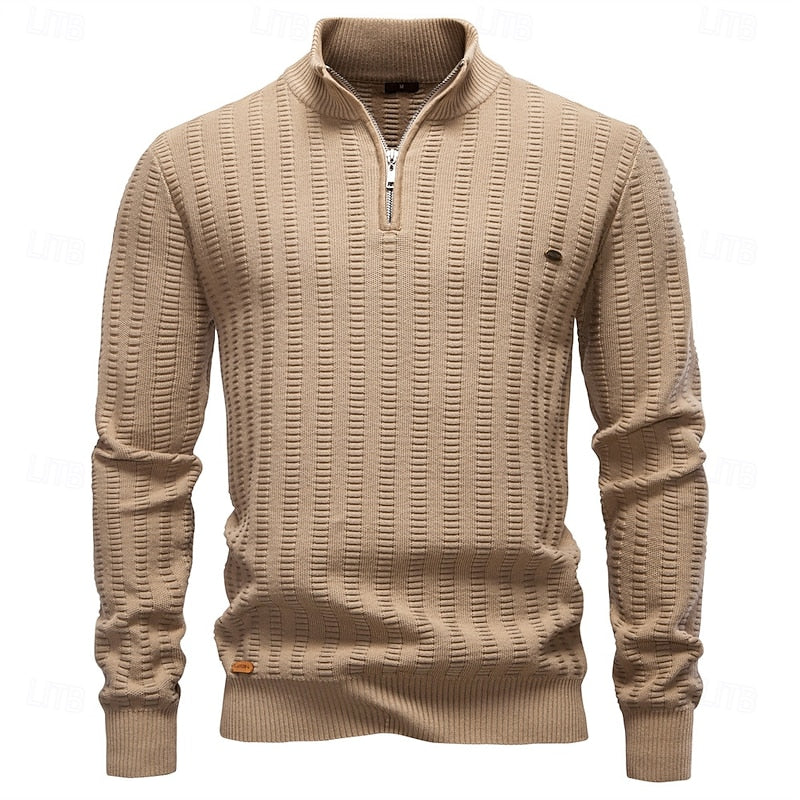 Half-Zip Knit Sweater Men's Textured Mock Neck Pullover Green – Casual, Office, Gift