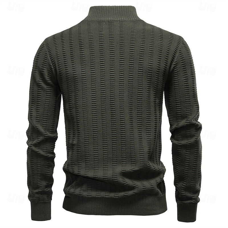 Half-Zip Knit Sweater Men's Textured Mock Neck Pullover Green – Casual, Office, Gift