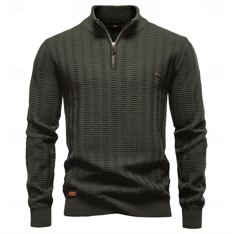 Half-Zip Knit Sweater Men's Textured Mock Neck Pullover Green – Casual, Office, Gift