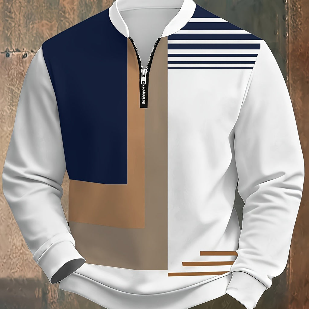 Half-Zip Pullover Men's Color Block Stripe Long Sleeve Sweatshirt – Casual, Office, Everyday