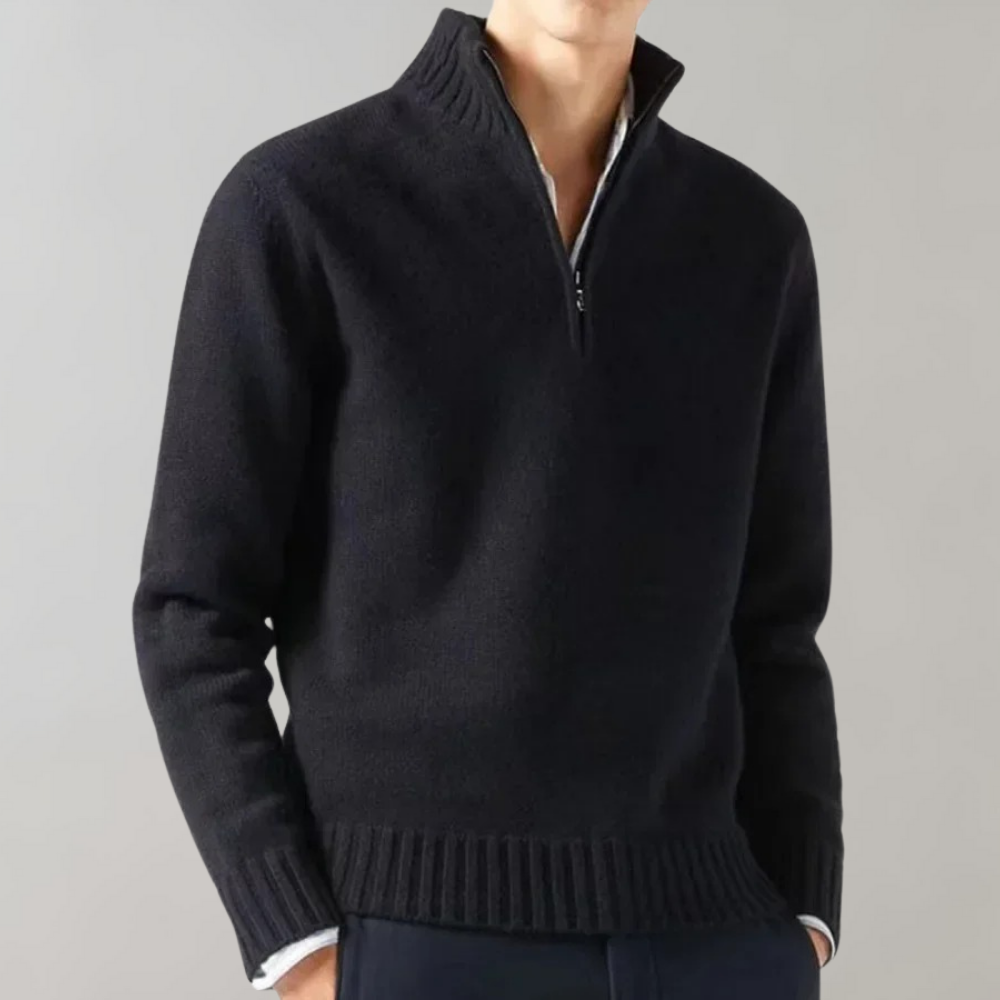 Half-Zip Pullover Sweater Men's Knit Ribbed Collar Black – Casual, Office · Faylori