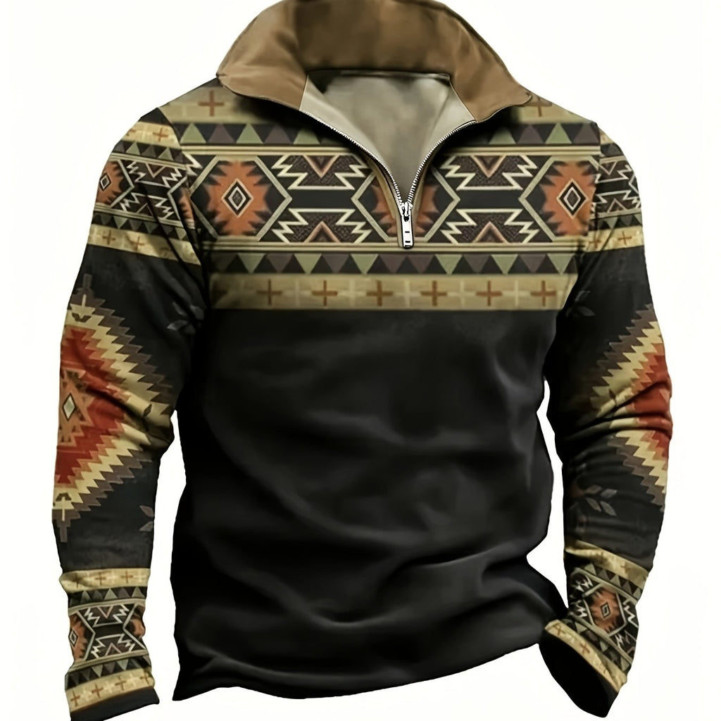 Half-Zip Pullover Sweatshirt Men's Aztec Southwestern Print Stand Collar – Casual, Everyday