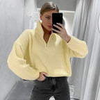 Half-Zip Sweater Women's Purple Ribbed Knit Pullover with Collar – Casual, Office, Holiday, Gift