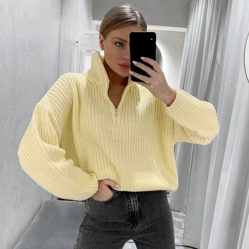 Half-Zip Sweater Women's Purple Ribbed Knit Pullover with Collar – Casual, Office, Holiday, Gift