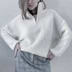 Half-Zip Sweater Women's Purple Ribbed Knit Pullover with Collar – Casual, Office, Holiday, Gift