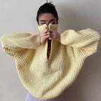 Half-Zip Sweater Women's Purple Ribbed Knit Pullover with Collar – Casual, Office, Holiday, Gift