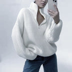 Half-Zip Sweater Women's Purple Ribbed Knit Pullover with Collar – Casual, Office, Holiday, Gift