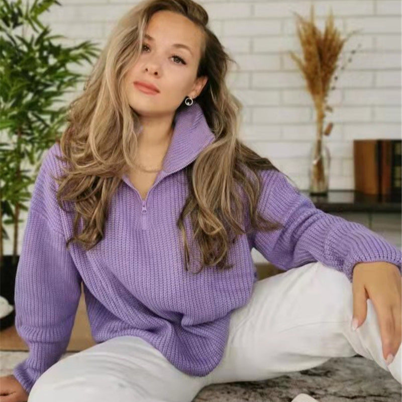 Half-Zip Sweater Women's Purple Ribbed Knit Pullover with Collar – Casual, Office, Holiday, Gift