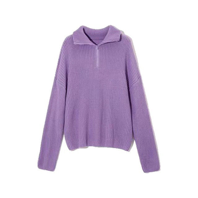 Half-Zip Sweater Women's Purple Ribbed Knit Pullover with Collar – Casual, Office, Holiday, Gift