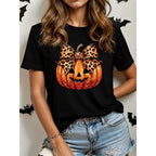 Halloween Pumpkin Graphic T-Shirt Women's Orange Crew Neck Leopard Bow Print – Casual, Gift