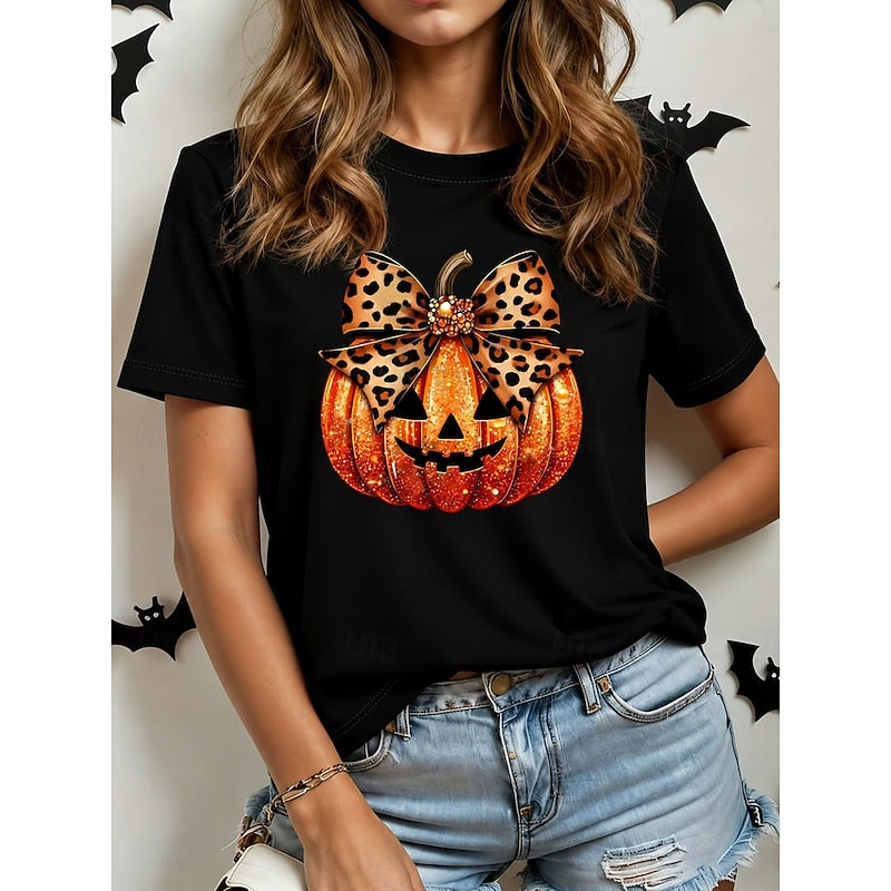 Halloween Pumpkin Graphic T-Shirt Women's Orange Crew Neck Leopard Bow Print – Casual, Gift
