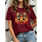 Halloween Pumpkin Graphic T-Shirt Women's Orange Crew Neck Leopard Bow Print – Casual, Gift