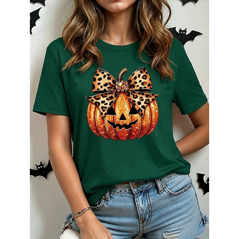 Halloween Pumpkin Graphic T-Shirt Women's Orange Crew Neck Leopard Bow Print – Casual, Gift