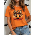 Halloween Pumpkin Graphic T-Shirt Women's Orange Crew Neck Leopard Bow Print – Casual, Gift