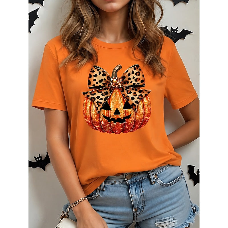 Halloween Pumpkin Graphic T-Shirt Women's Orange Crew Neck Leopard Bow Print – Casual, Gift