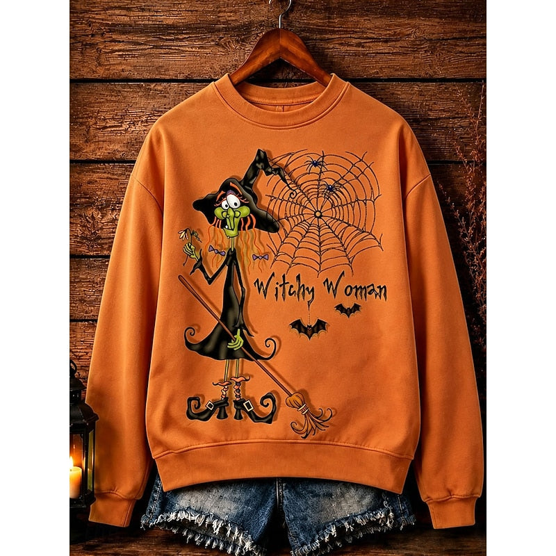 Halloween Sweatshirt Green Witch Print Crew Neck Women's – Casual, Holiday Costume, Party, Gift
