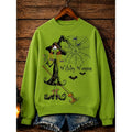 Halloween Sweatshirt Green Witch Print Crew Neck Women's – Casual, Holiday Costume, Party, Gift