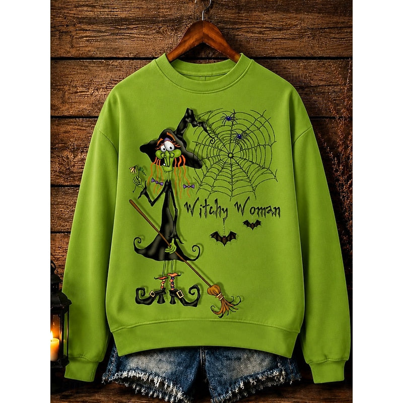 Halloween Sweatshirt Green Witch Print Crew Neck Women's – Casual, Holiday Costume, Party, Gift