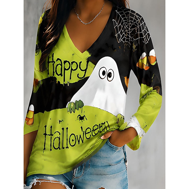 Halloween V-Neck Top Women's Pumpkin Graphic Long Sleeve T-Shirt – Casual, Party
