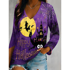 Halloween V-Neck Top Women's Pumpkin Graphic Long Sleeve T-Shirt – Casual, Party