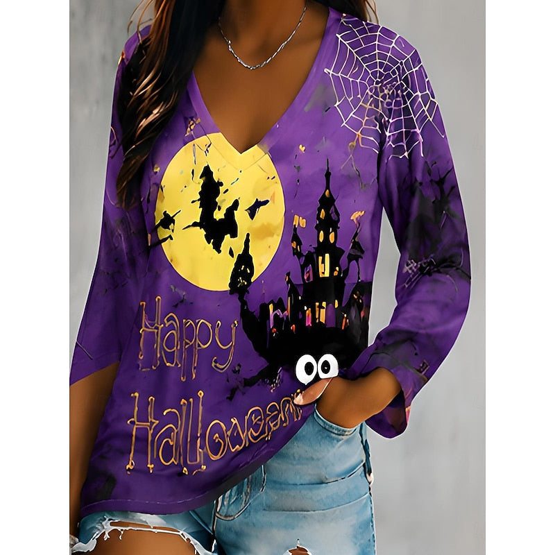 Halloween V-Neck Top Women's Pumpkin Graphic Long Sleeve T-Shirt – Casual, Party