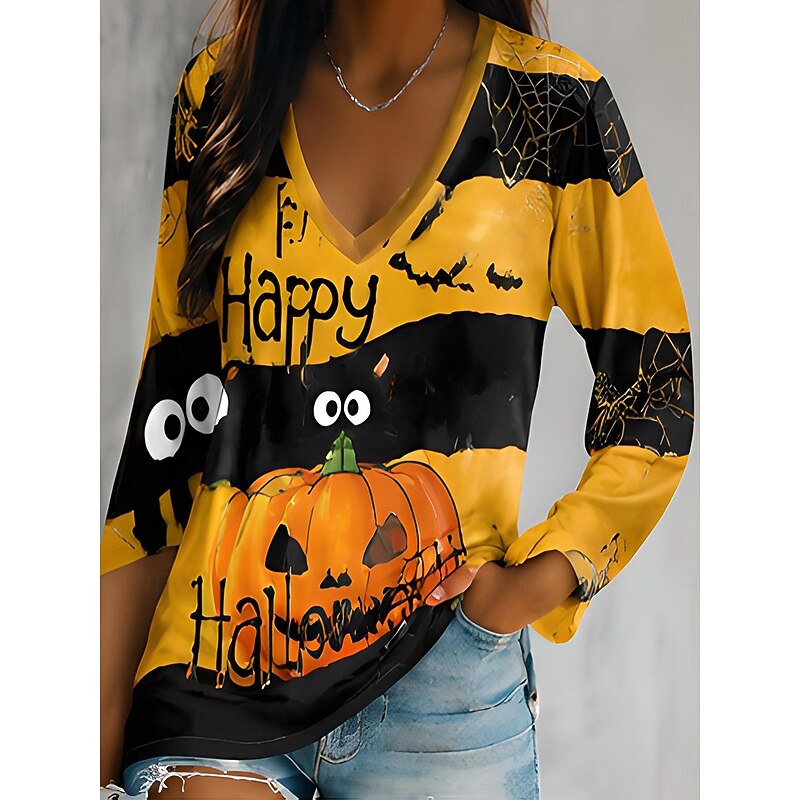 Halloween V-Neck Top Women's Pumpkin Graphic Long Sleeve T-Shirt – Casual, Party