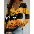 Halloween V-Neck Top Women's Pumpkin Graphic Long Sleeve T-Shirt – Casual, Party