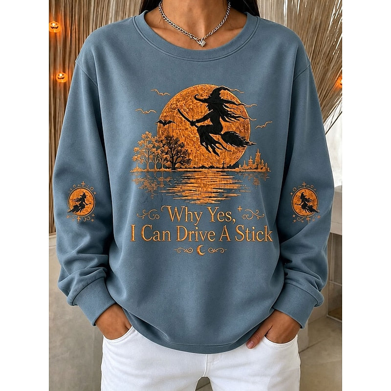 Halloween Witch Graphic Sweatshirt Women's Black Crewneck Pullover – Casual, Gift