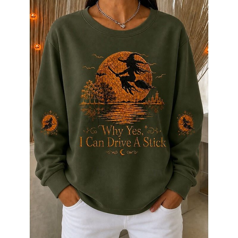 Halloween Witch Graphic Sweatshirt Women's Black Crewneck Pullover – Casual, Gift