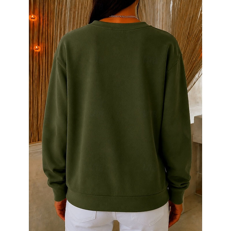 Halloween Witch Graphic Sweatshirt Women's Black Crewneck Pullover – Casual, Gift
