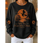 Halloween Witch Graphic Sweatshirt Women's Black Crewneck Pullover – Casual, Gift