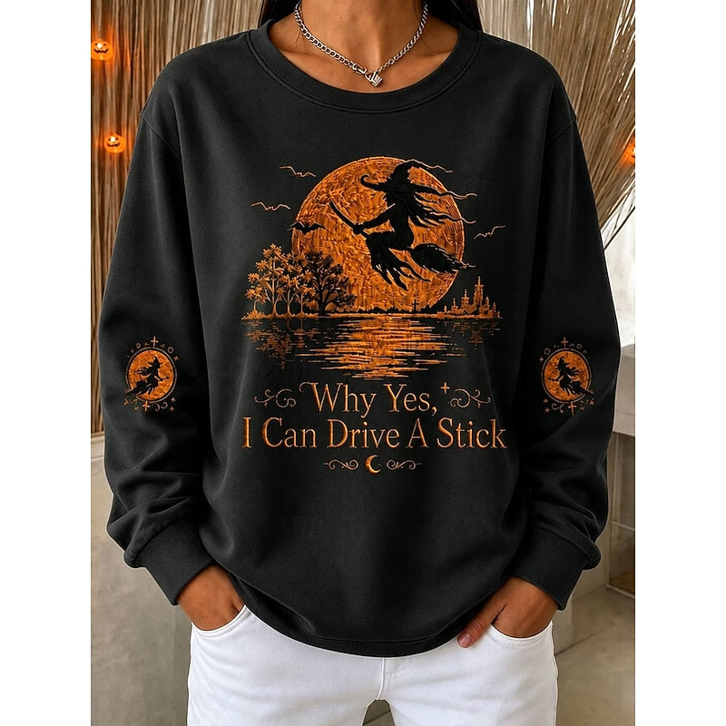 Halloween Witch Graphic Sweatshirt Women's Black Crewneck Pullover – Casual, Gift