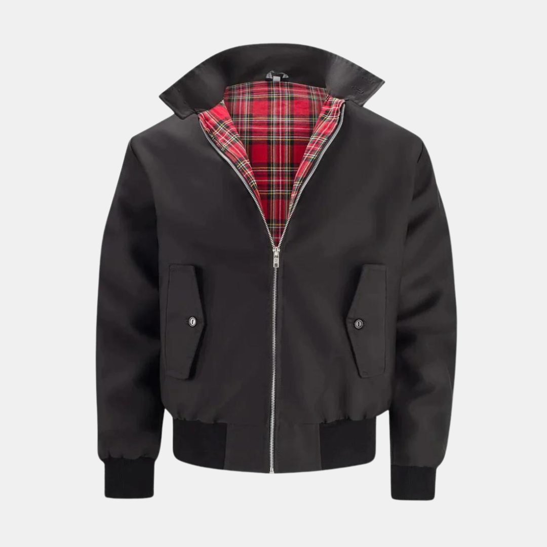 Harrington Jacket Men's Navy Zip-Up Tartan-Lined Stand Collar Bomber – Casual, Office, Holiday, Gift