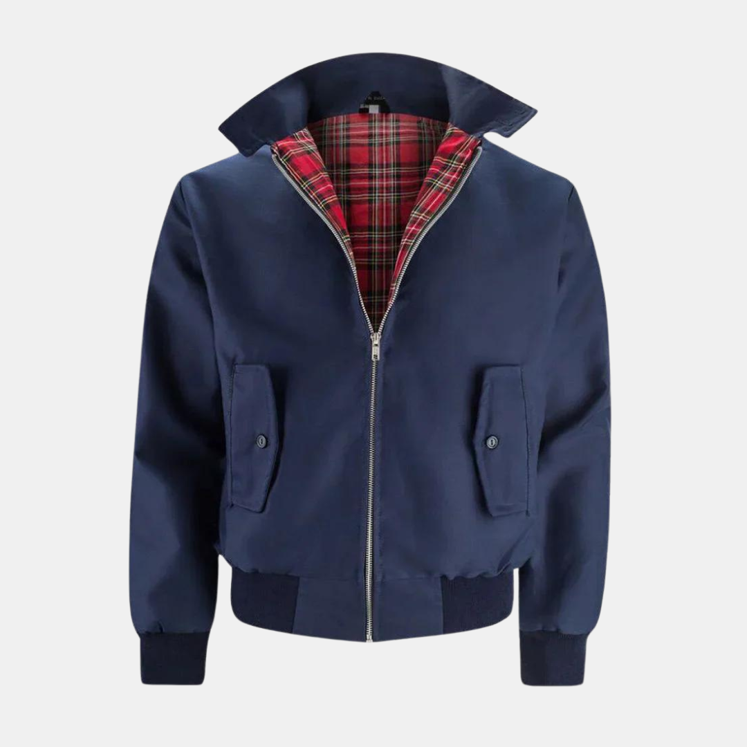 Harrington Jacket Men's Navy Zip-Up Tartan-Lined Stand Collar Bomber – Casual, Office, Holiday, Gift