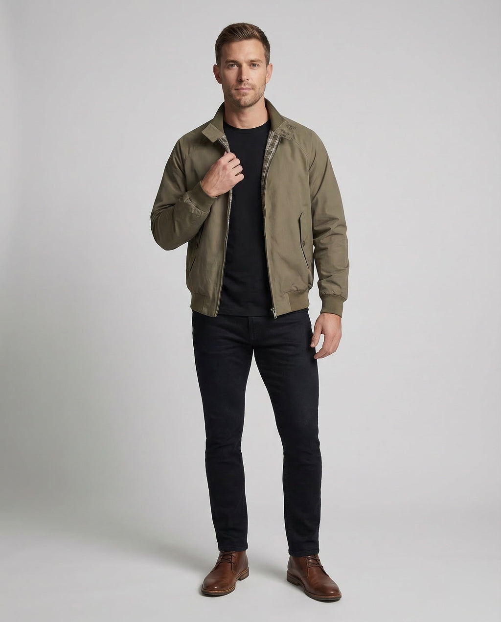 Harrington Jacket Men's Olive Green Full-Zip Check Lining Stand Collar – Casual, Office