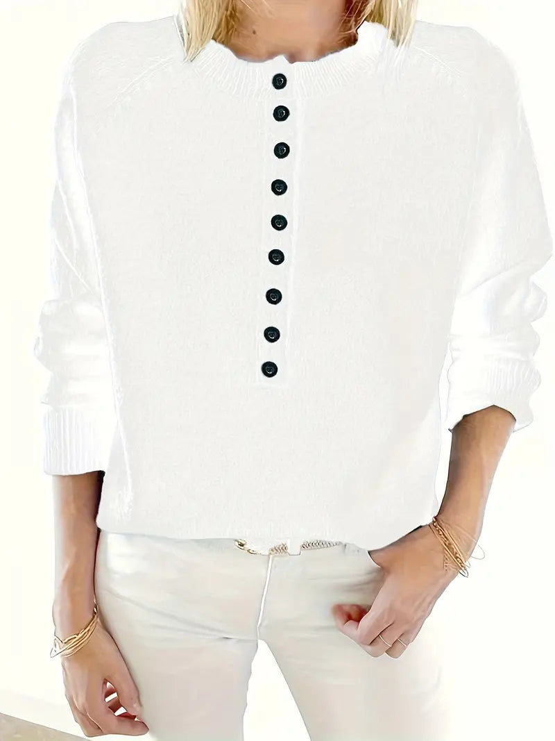 Henley Knit Sweater Women's Button Placket Long Sleeve Pullover – Casual, Office