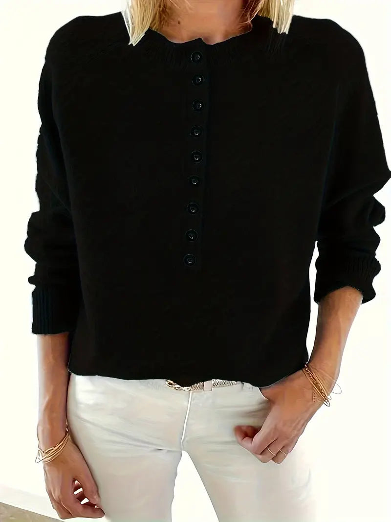 Henley Knit Sweater Women's Button Placket Long Sleeve Pullover – Casual, Office