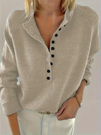 Henley Knit Sweater Women's Button Placket Long Sleeve Pullover – Casual, Office