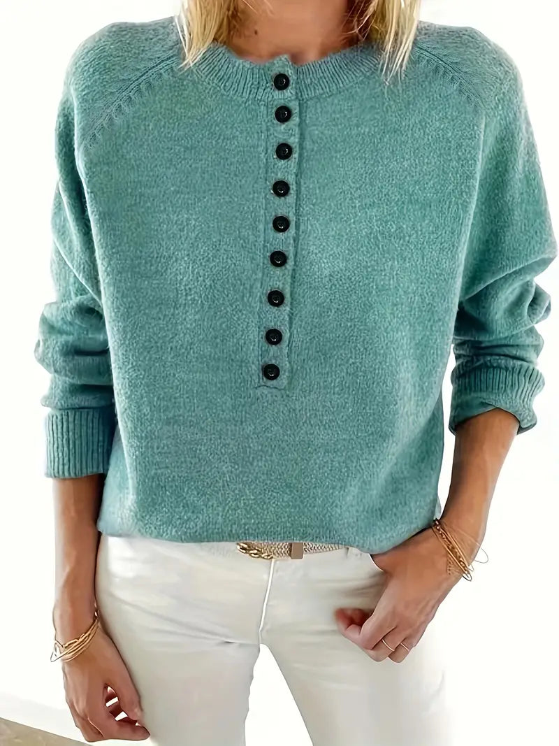 Henley Knit Sweater Women's Button Placket Long Sleeve Pullover – Casual, Office