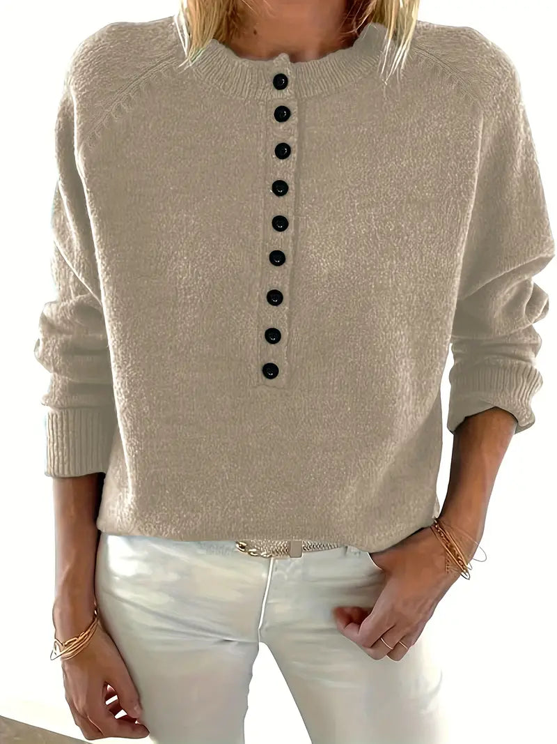 Henley Knit Sweater Women's Button Placket Long Sleeve Pullover – Casual, Office