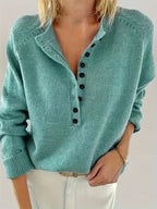 Henley Knit Sweater Women's Button Placket Long Sleeve Pullover – Casual, Office