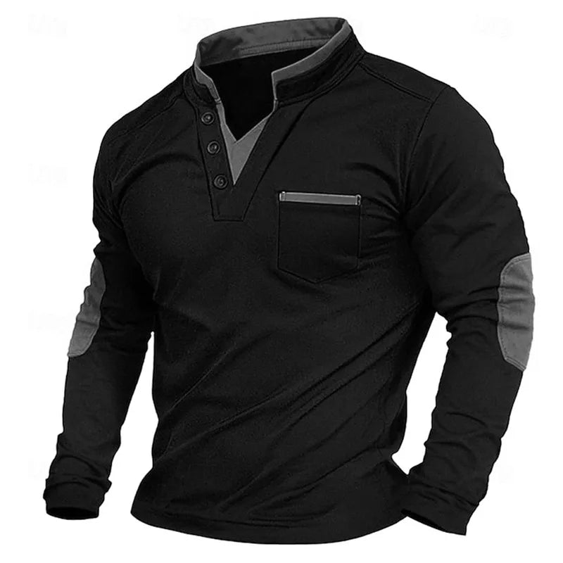Henley Shirt Men's Long Sleeve Black with Elbow Patches Stand Collar Chest Pocket – Casual, Office