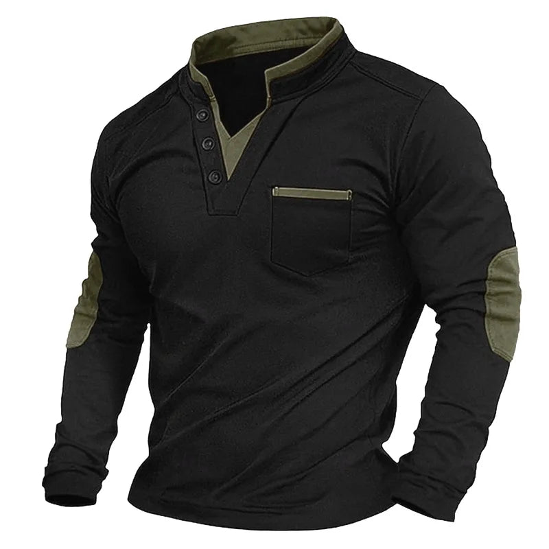 Henley Shirt Men's Long Sleeve Black with Elbow Patches Stand Collar Chest Pocket – Casual, Office