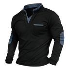 Henley Shirt Men's Long Sleeve Black with Elbow Patches Stand Collar Chest Pocket – Casual, Office