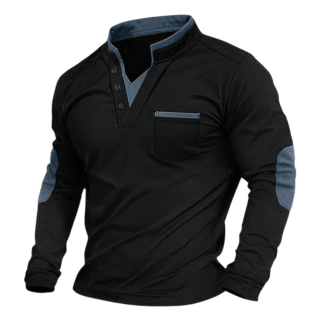 Henley Shirt Men's Long Sleeve Black with Elbow Patches Stand Collar Chest Pocket – Casual, Office