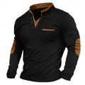 Henley Shirt Men's Long Sleeve Black with Elbow Patches Stand Collar Chest Pocket – Casual, Office