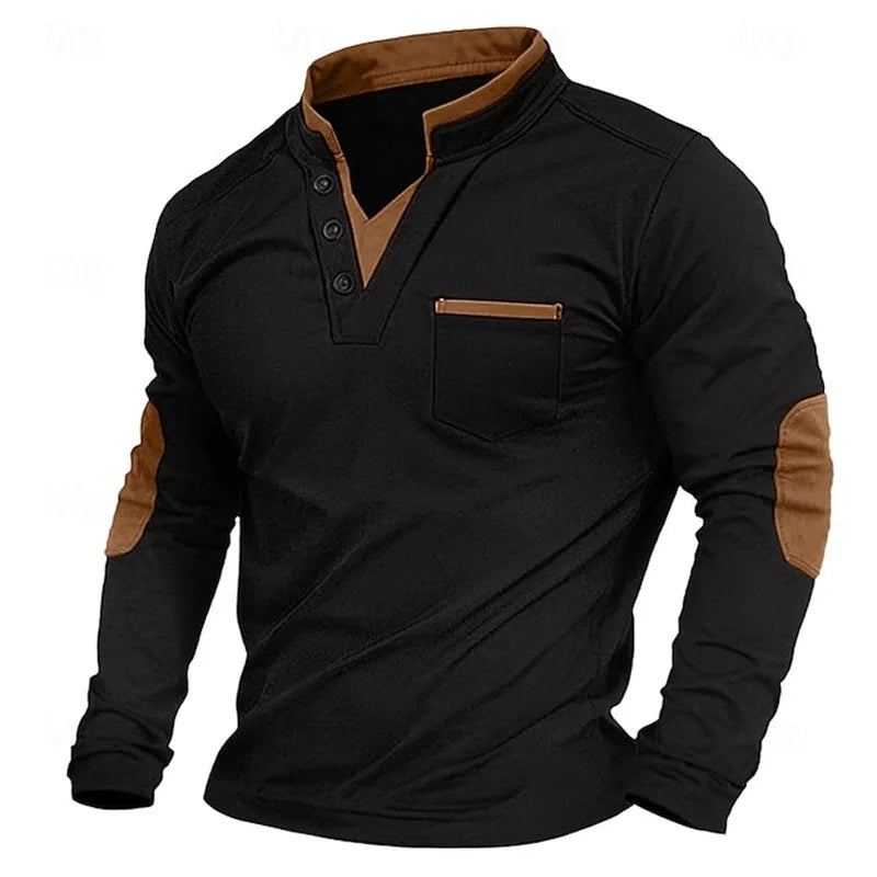 Henley Shirt Men's Long Sleeve Black with Elbow Patches Stand Collar Chest Pocket – Casual, Office